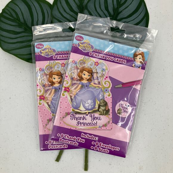 Disney Sofia The First Princess Pink Thank You Postcard Envelope Seal Party Set - Picture 1 of 6